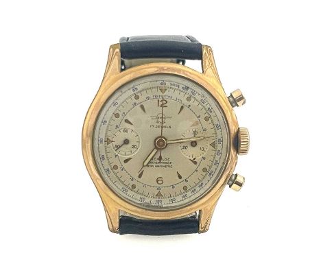 A 1960s gold plated chronograph wrist watch, dial signed BKN DE LUXE, manual wind movement Landeron 48, fitted to an unsigned
