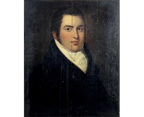British School, mid-19th Century, portrait of a gentleman, bust-length wearing a white stock and black tunic, oil on panel, 6