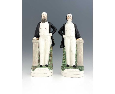 A pair of large Staffordshire portrait figures of 'Moody' and 'Sankey', circa 1870, modelled standing with their hands restin