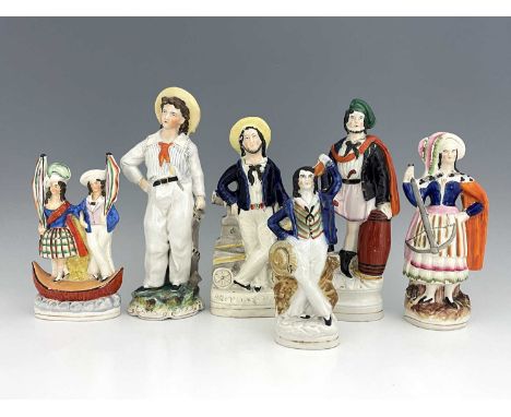 Six Staffordshire polychrome enamel painted figure groups, circa 1860, including one modelled as a sailor standing against a 
