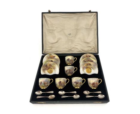 Harry Stinton for Royal Worcester, a Highland Cattle painted coffee set, decorated with cows in misty landscapes, signed, in 