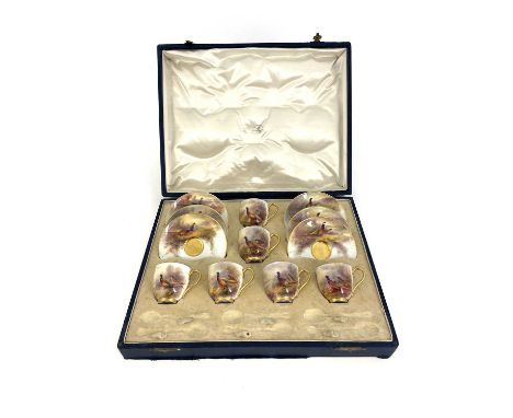 James Stinton for Royal Worcester, a pheasant painted coffee set, decorated with birds in thicket habitats, signed, boxed
