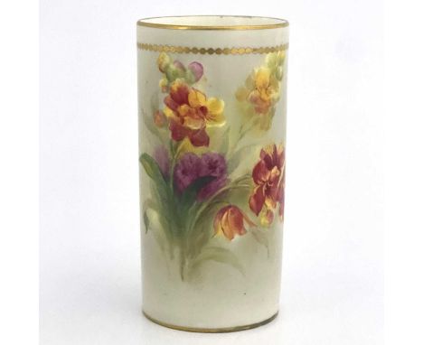 Kitty Blake for Royal Worcester, a flower painted spill vase, cylindrical form, circa 1940, decorated with orchids to a pale 