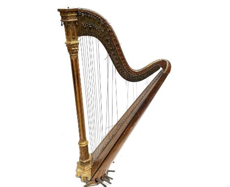 A pedal harp by Sebastian &amp; Pierre Erard, 19th Century, gilt wood and birds eye maple in the Gothic revival style with po