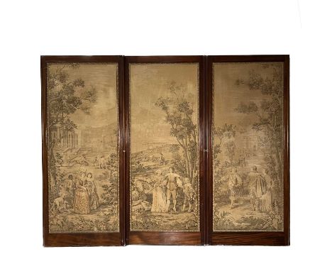 A mahogany framed triple panel room divider screen, early 20th Century, each panel inset with an Aubusson style tapestry depi
