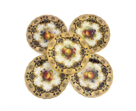 Albert Shuck for Royal Worcester, a set of of five fruit painted dessert plates, circular form, circa 1925, decorated with su