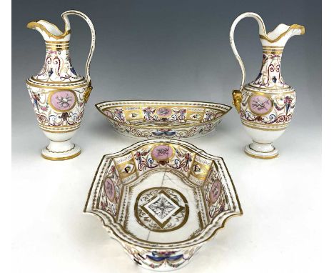A French porcelain toilet set, probably Rue de La Roquette, Courtille, Locre, Paris circa 1785, including two pedestal ewers 
