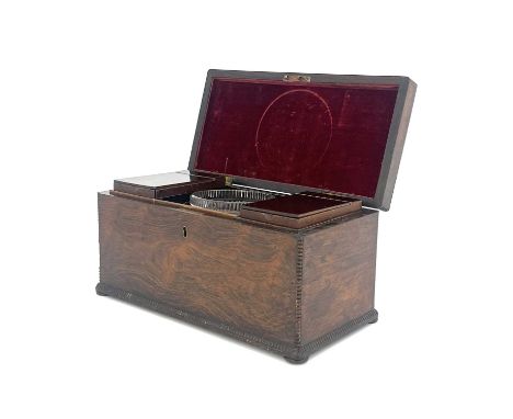 A William IV rosewood tea caddy, circa 1835, cuboid form with bead moulded edges, two removable hinged lid caddies and centra