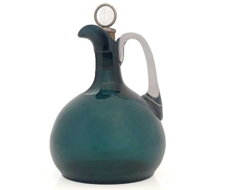 A 19th century Bristol green glass claret jug, onion form with slice and concentric cut neck, colourless handle and silver pl