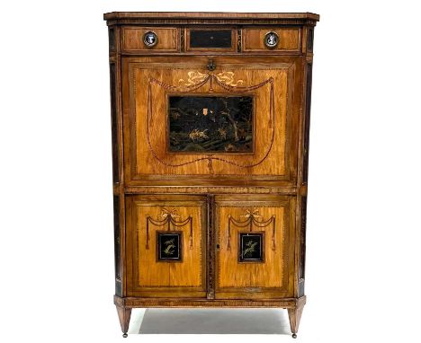 A satinwood and specimen wood bureau abatant, 18th Century, possibly Dutch, parquetry and marquetry inlaid, crossbanded and s