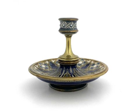 Frank Butler for Doulton Lambeth, a stoneware and gilt brass candlestick, 1886, sgraffito decorated with quatrefoil rosettes 