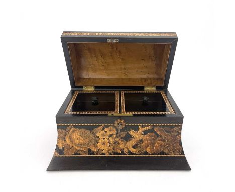 A 19th Century Tunbridgeware tea caddy, of sarcophagus form, domed cover with a view of Netley Abbey, Hampshire within a geom