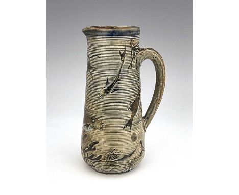 Robert Wallace Martin and Edwin Martin for Martin Brothers, a stoneware Aquatic jug, 1884, ribbed conical form, sgraffito dec