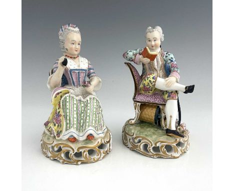 A pair of Meissen type figures, probably late 18th century, model 137, modelled as a seated woman with a rose and a man readi
