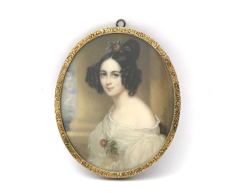 Seguin, (French, 19th century), a portrait miniature painted to depict a woman in a white dress accessorised with roses, sign