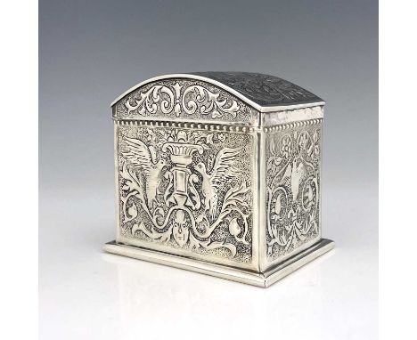 John F Banks for Keswick School of Industrial Arts, an Arts and Crafts silver tea caddy, Birmingham 1889, cuboid form with do