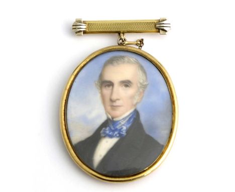 A 19th century portrait miniature, painted to depict a white-haired gentleman with blue neckcloth, on ivory, engraved monogra