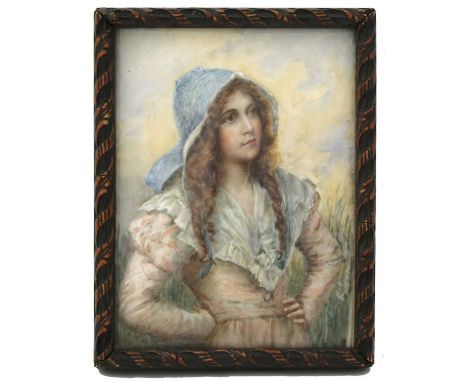 A mid-19th century portrait miniature, painted to depict a young woman wearing a blue bonnet, on ivory, 12.5 by 9.3cm, wood f