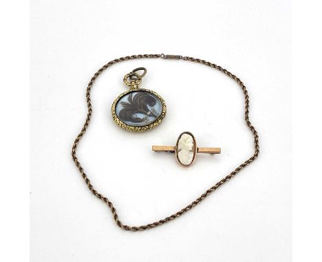 Gold jewellery including a William IV mourning pendant, chased foliate frame with engine turned back engraved Alice, the glaz