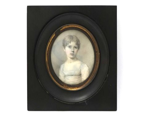 British School, a portrait miniature of Lady Emma St. Aubyn, painted in 1815, on ivory, 7.7 by 6.3cm, black wood framed, Ivor