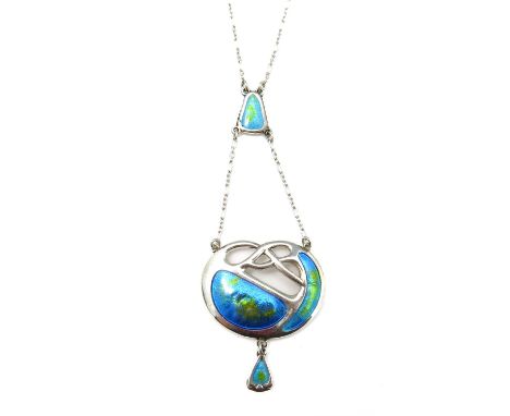 Charles Horner, an Arts and Crafts silver and enamelled necklace, Chester 1909, the central pendant with open Celtic knotted 