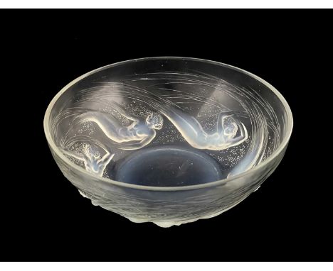 Rene Lalique, an Ondines opalescent glass bowl, model 380, designed circa 1921, frosted and polished, moulded mark R Lalique,