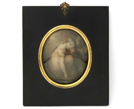 A portrait miniature depicting a young, seated child, painted on ivory, dated 1806, 8.1cm by 6.5cm, black wood and gilt metal