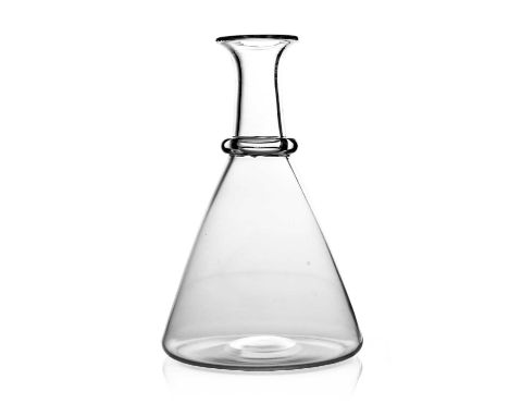 An Arts and Crafts glass conical carafe, circa 1880, single ring neck, with flared lip rim, polished pontil, 20cm high