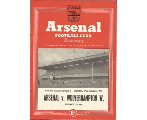 Football Arsenal v Wolverhampton Wanderers vintage programme Division One 17th January 1953. Good condition. All autographs c