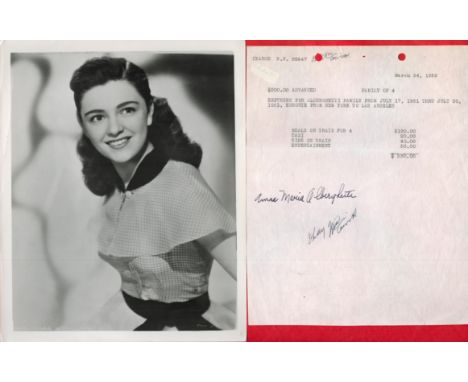 Anna Maria Alberghetti signed Expenses sheet dated March 24 1952 complete with vintage black and white photo. Anna Maria Albe