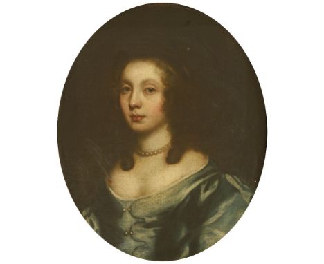 Circle of Sir Peter Lely (1618-1680)PORTRAIT OF A YOUNG LADY, BUST LENGTH, IN A BLUE DRESS AND PEARL NECKLACEOil on canvas, p