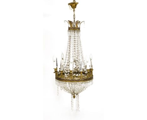 A Louis Philippe six-light hanging electrolier,with cut glass finials and prismatic drops, 110cm high approximately