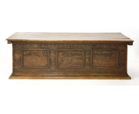 An Italian cassone or bridal chest,c.1500-1550, probably Venetian, with a carved intaglio and penwork front panel, with confo
