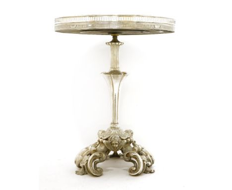 A small silvered occasional table, early 20th century, the galleried top on a baluster support and scrolling tripod base, 38c