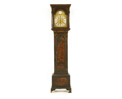 A month-going black lacquered longcase clock,18th century, by Christopher Pinchbeck, the arched brass dial with a silvered pl