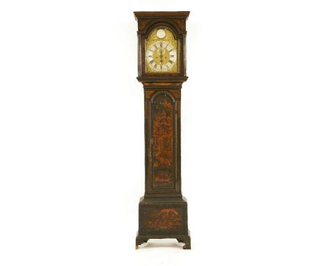 A month-going black lacquered longcase clock,18th century, by Christopher Pinchbeck, the arched brass dial with a silvered pl