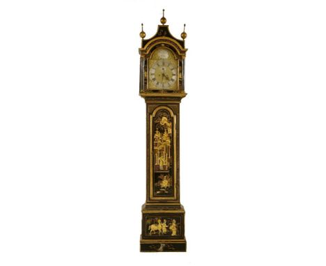 A George III japanned longcase clock, the brass arched dial inscribed 'EDW Muddle, Chatham', enclosing an eight-day movement 