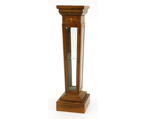 An Edwardian rosewood, boxwood, inlaid and glazed pedestal, of square section inverse tapering form on a stepped base, the gl