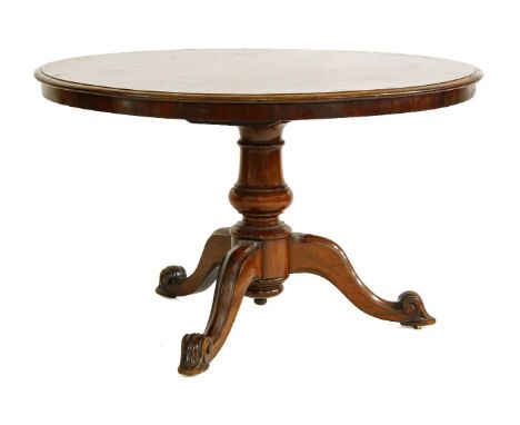 A mahogany tilt-top table,late 19th century,  by Johnstone & Jeanes, the circular top on a turned column support and carved t