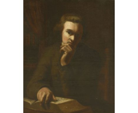 Circle of Sir Joshua Reynolds (1723-1792)PORTRAIT OF A SCHOLAR, HALF LENGTH, HIS HAND RESTING ON A OPEN BOOKOil on canvas56 x