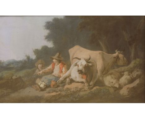 Circle of Jean-Baptiste Huet (French, 1745-1811)  rA LANDSCAPE WITH DROVERS, CATTLE AND SHEEPPastel47 x 75cmProvenance:  Nort