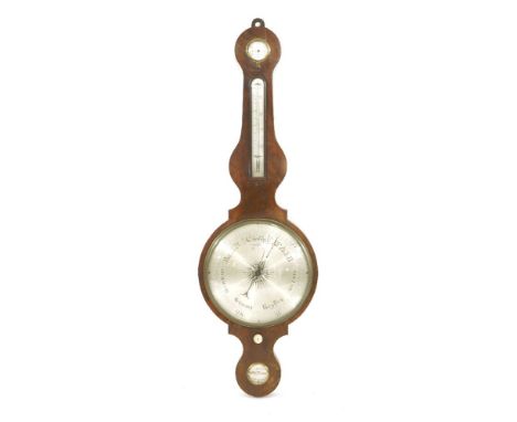 A mahogany barometer,with a 30cm (12in) silvered dial, a hydrometer, thermometer and level, inscribed 'Agnew & Zanetti Exchan