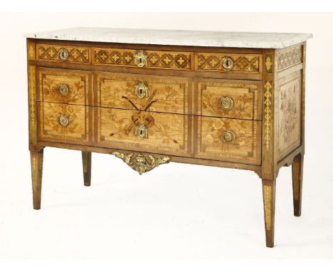 A Louis XVI kingwood and marquetry commode,with a white and grey mottled marble top over three frieze drawers and two long lo
