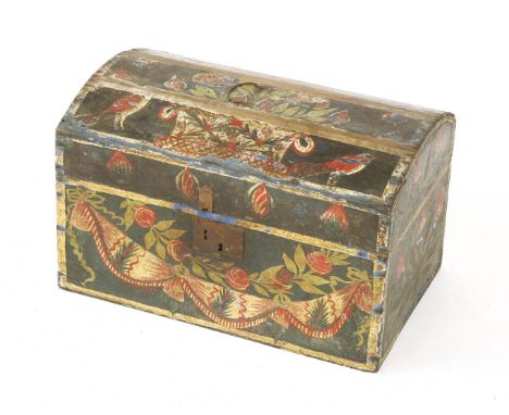 A French painted pine marriage trunk,19th century, with a dome top, decorated all over in polychrome with floral swags and ro