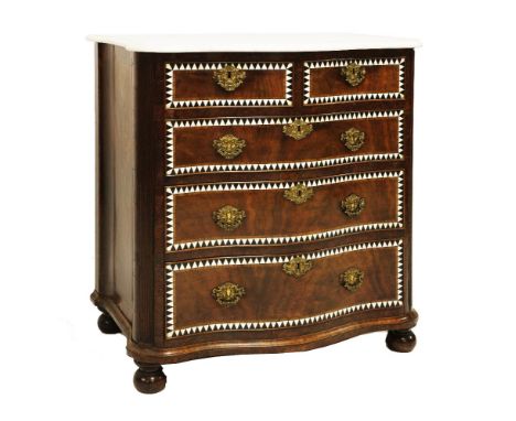 A serpentine-fronted commode chest,mid-18th century, the marble top over two short and three long drawers, the fronts inlaid 