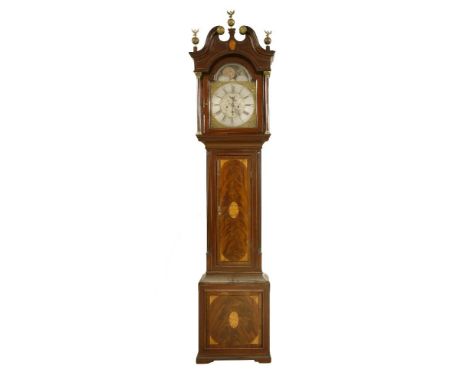 A George III mahogany longcase clock, with an arched dial with moon phase inscribed 'A Hutchinson, Leeds', with a silvered di