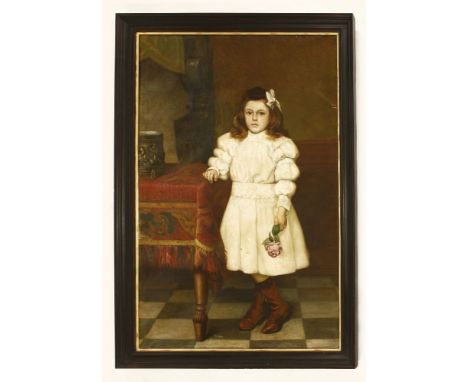 Continental School (late 19th century)PORTRAIT OF A GIRL, FULL LENGTH STANDING, IN A WHITE DRESS AND LEATHER BOOTS, HOLDING A