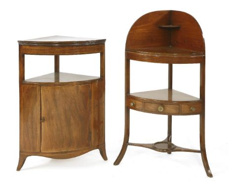 A George III mahogany corner washstand,with a folding top over a shelf and a bowed door,89cm high, andanother (2)