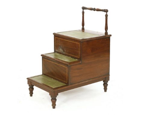 A George lll-style mahogany and inlaid step commode,with a turned handrail,44cm wide80cm deep90cm highProvenance:  The Estate