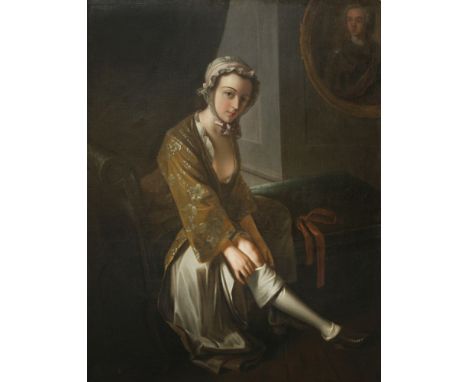 Philip Mercier (French, 1689-1760)  rA YOUNG WOMAN TAKING OFF HER STOCKINGOil on canvas127 x 102cmThere are several recorded 